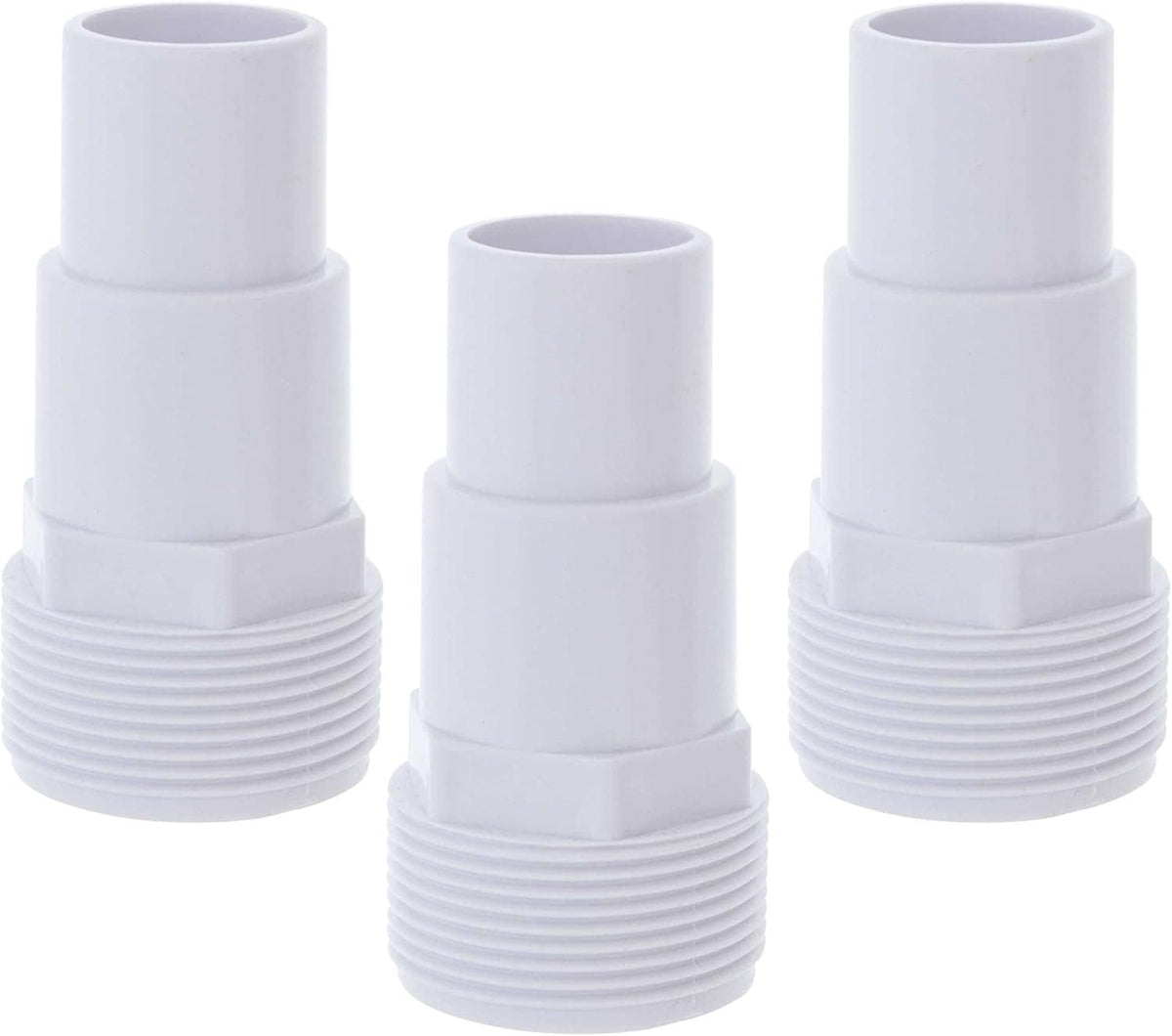 Three white hose adapter pieces with ridged grips and open top ports