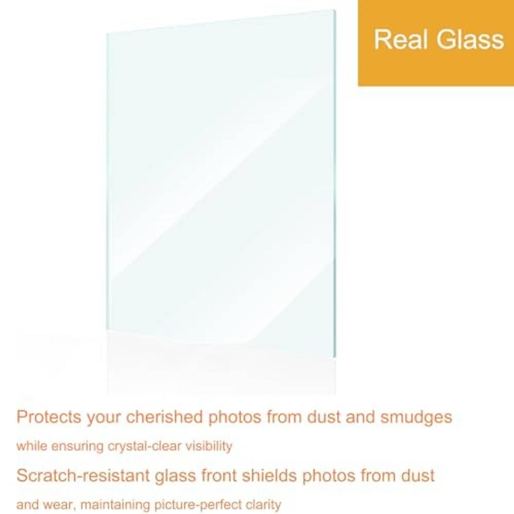 Scratch-resistant clear glass front panel for photo frames, dust protection
