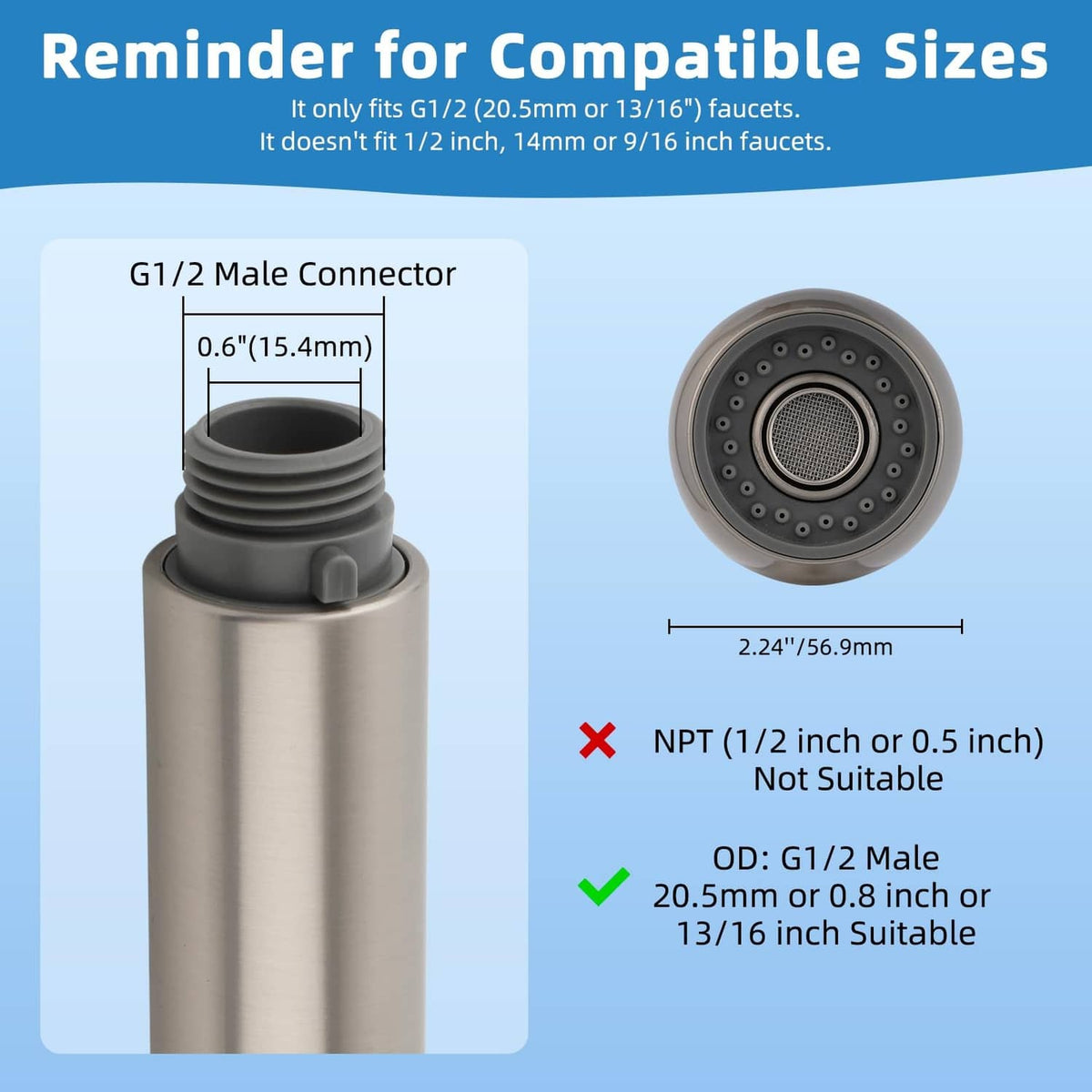 Pull-out sink sprayer head replacement with round multi-hole nozzle and connector end
