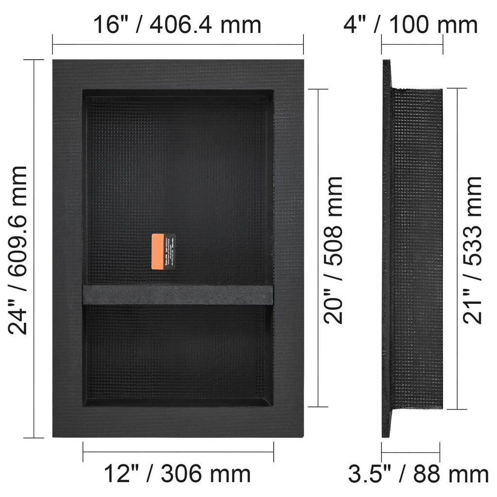 Front and side dimensions of black 16 x 12 in double recessed shower niche