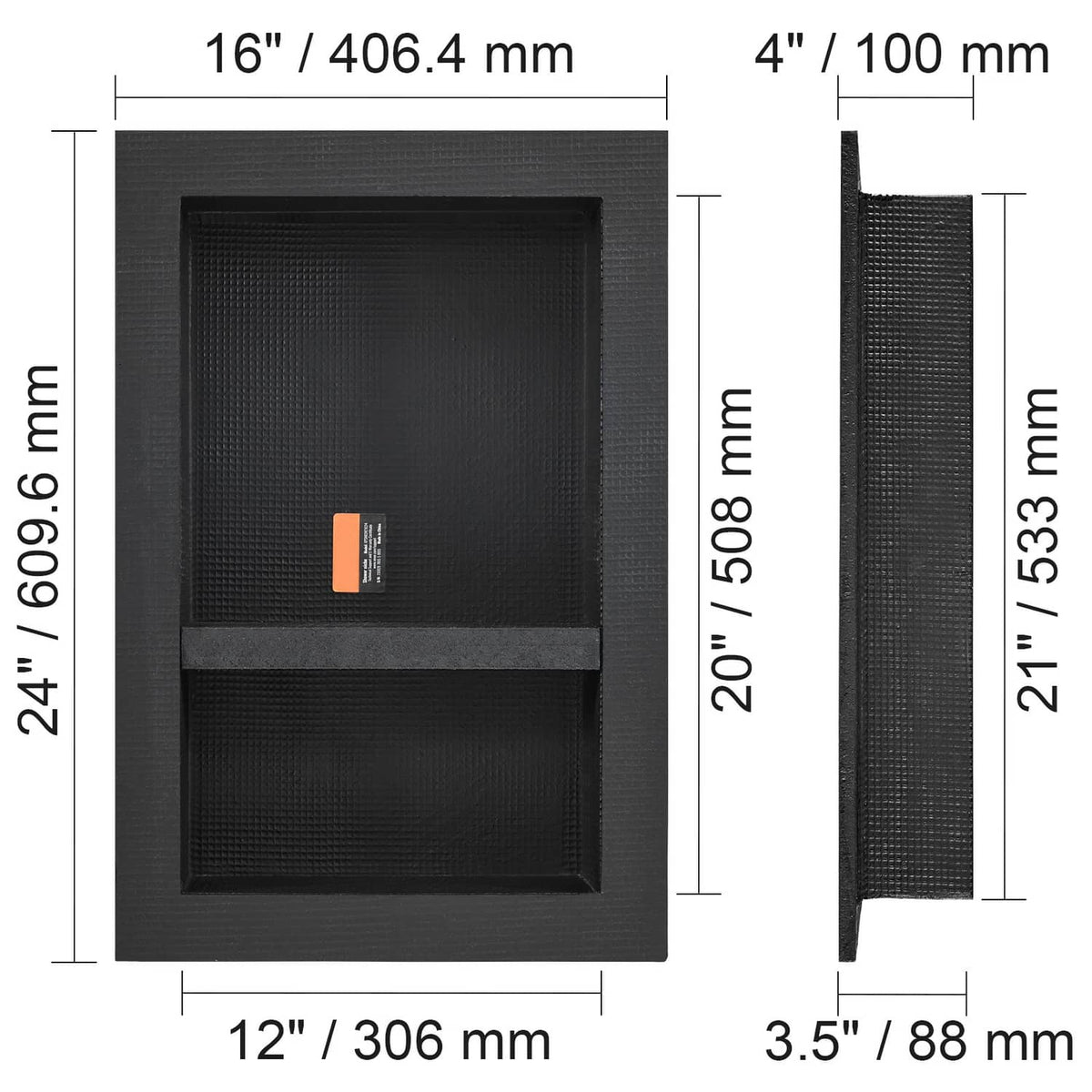 Front and side dimensions of black 16 x 12 in double recessed shower niche