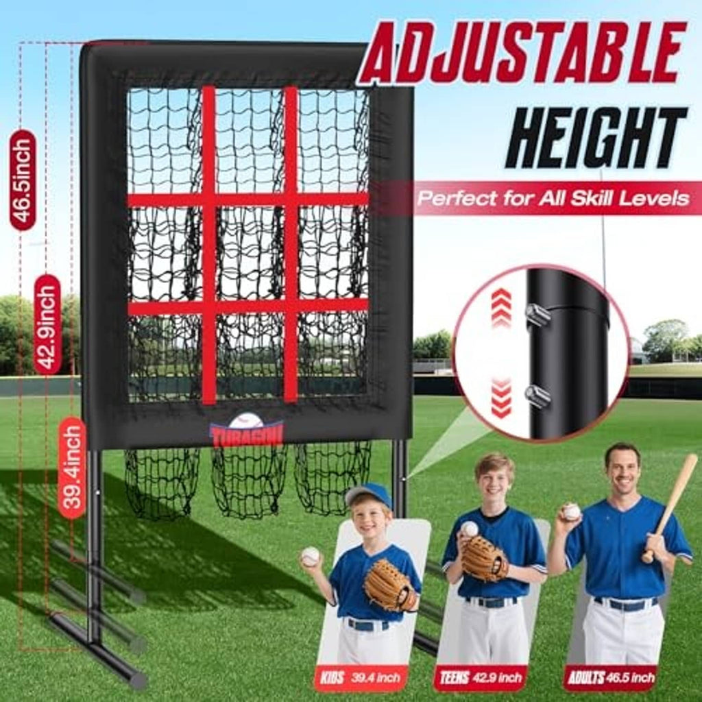 Adjustable height pitching net with red strike zone grid and black frame