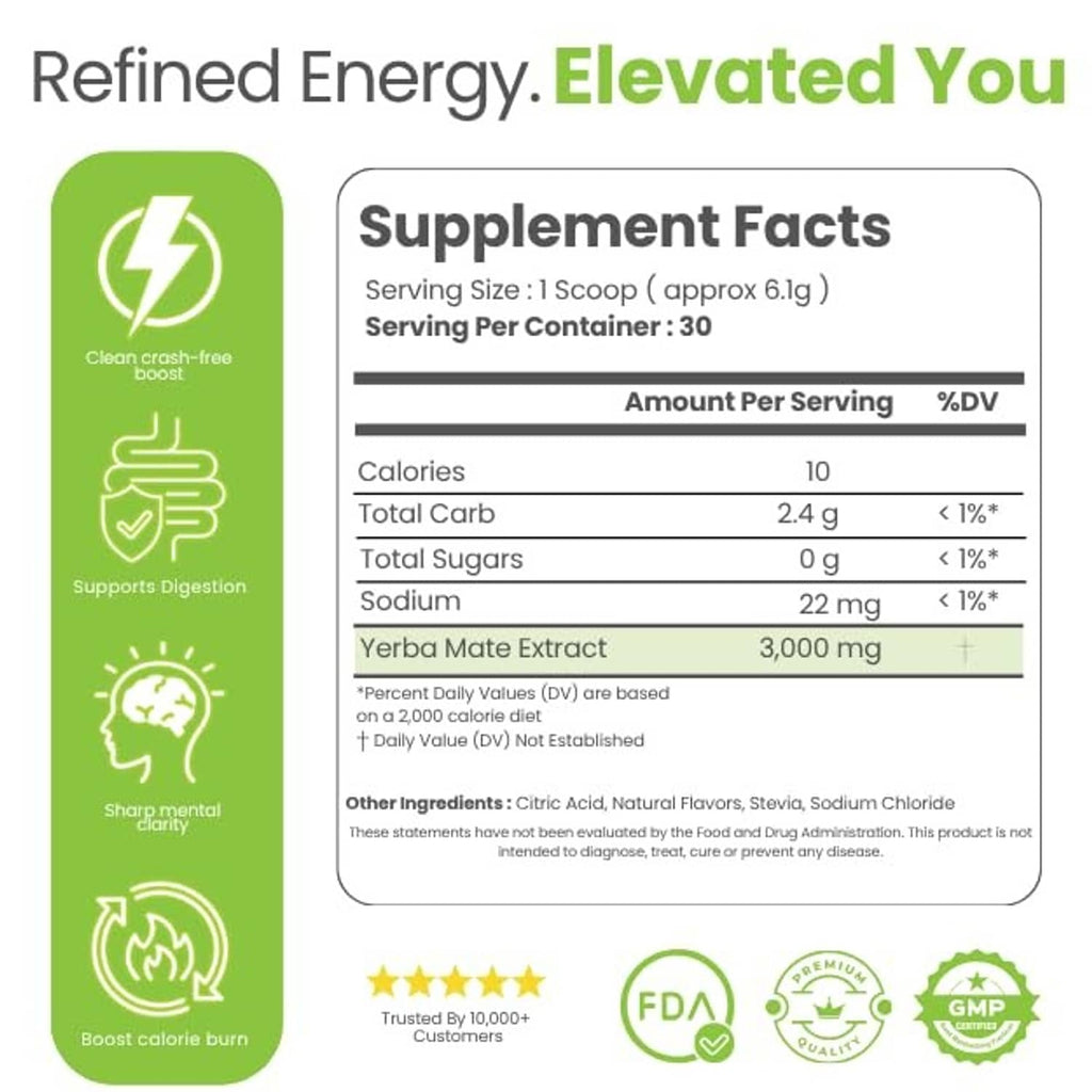 Supplement Facts panel on green Yerba mate instant tea powder tub
