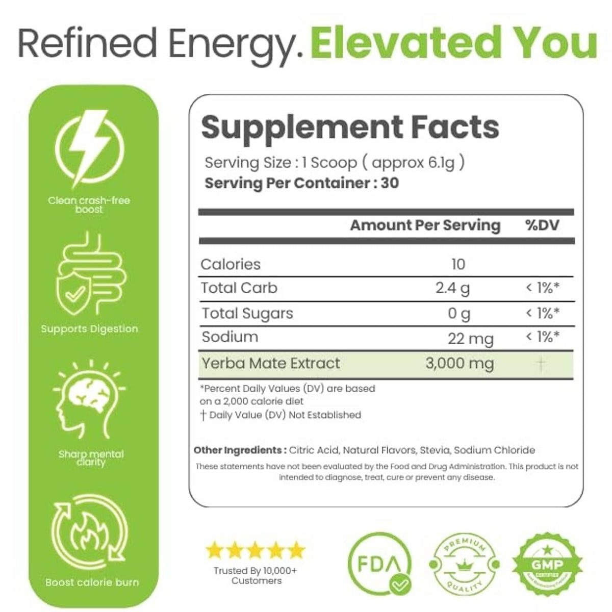 Supplement Facts panel on green Yerba mate instant tea powder tub