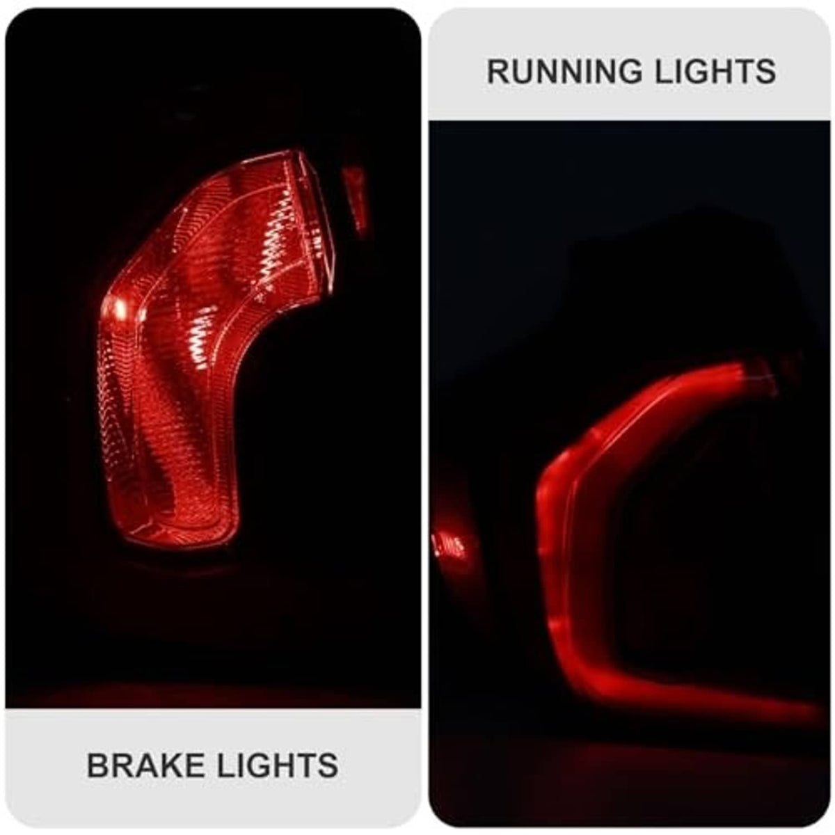 Red tail light assembly showing brake and running light glow in black housing