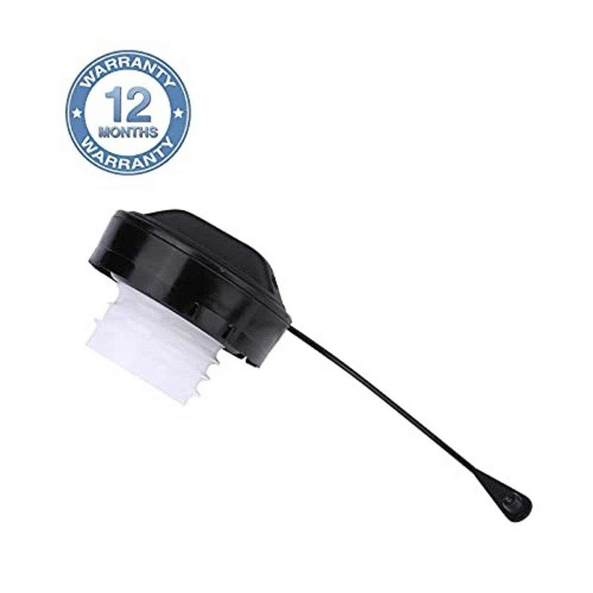 Fuel tank filler cap with white gasket insert and long attached hose