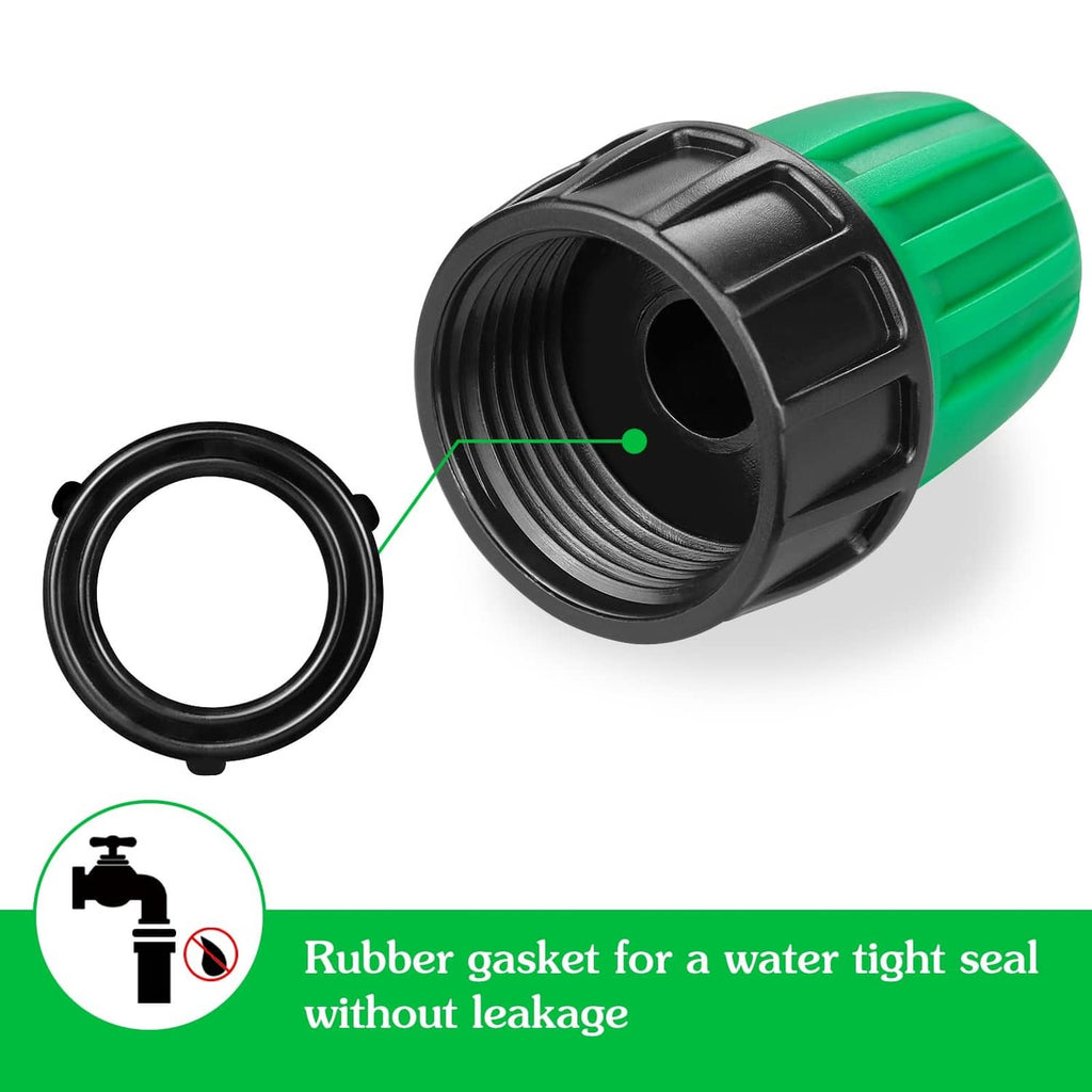 Green and black barbed drip adapter with 3/4 in female threads and rubber gasket