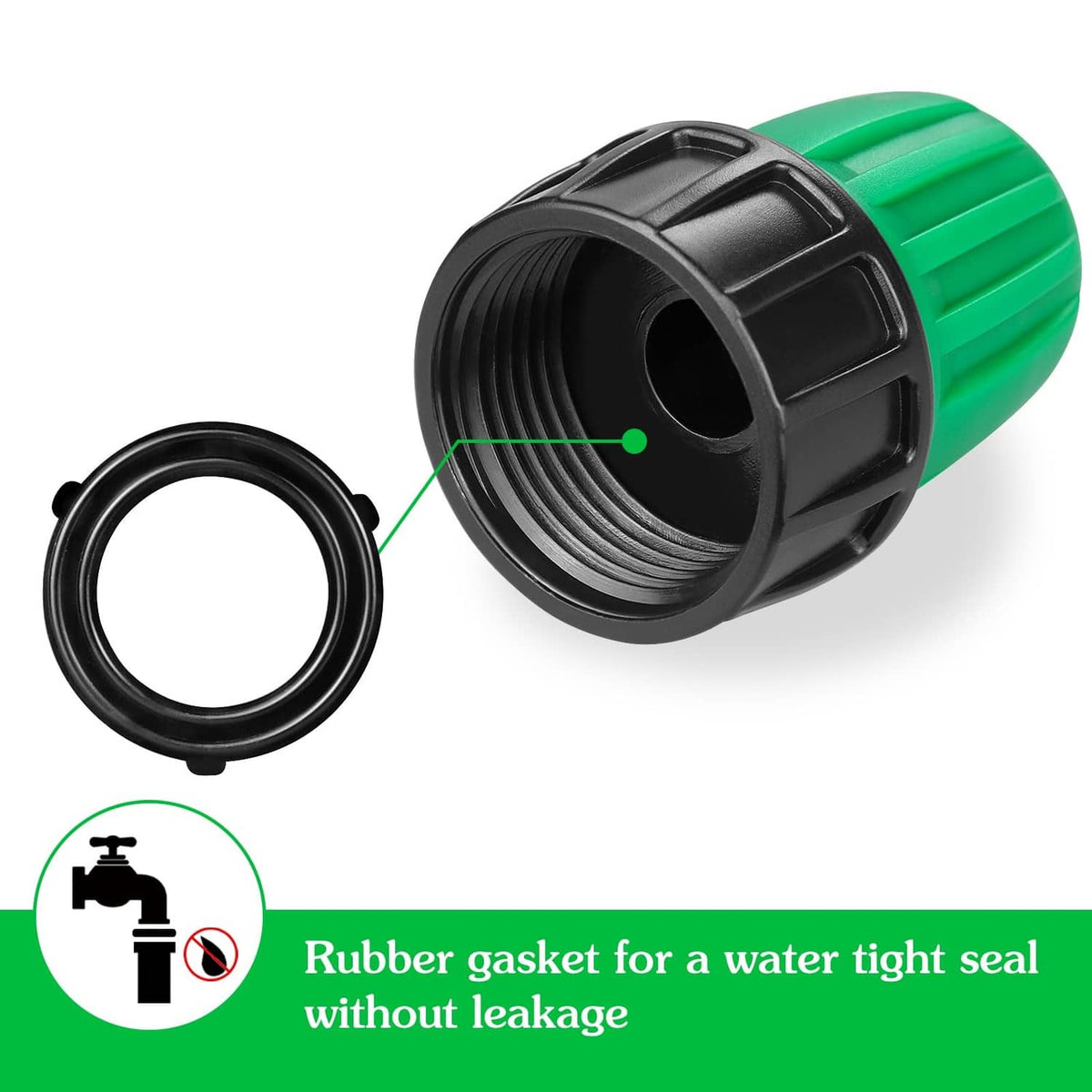 Green and black barbed drip adapter with 3/4 in female threads and rubber gasket