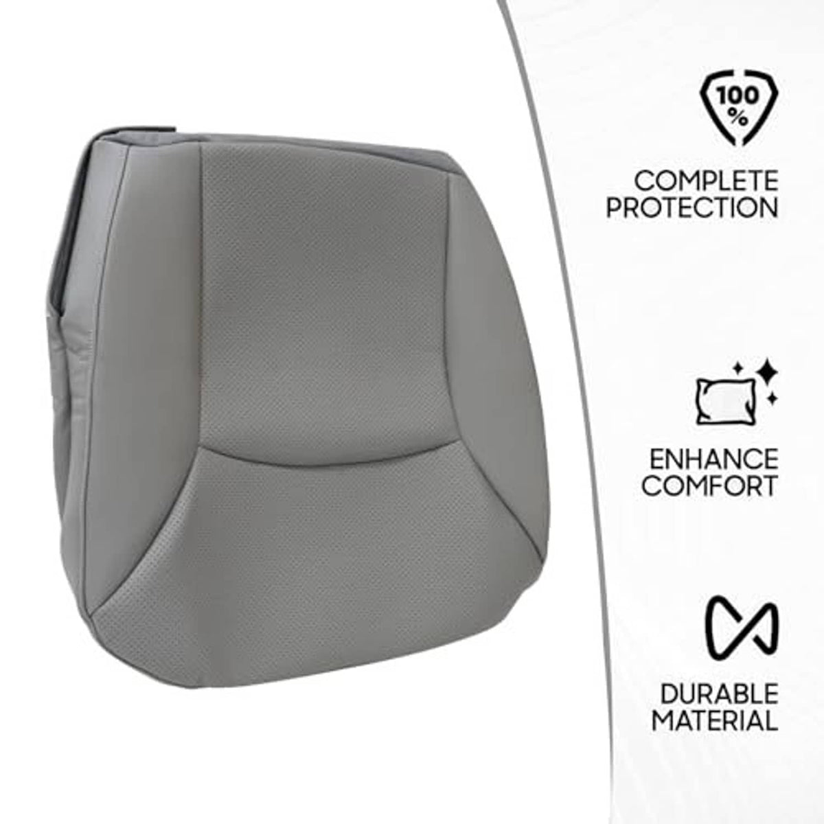 Gray textured seat cover with full coverage fit and curved contour design.