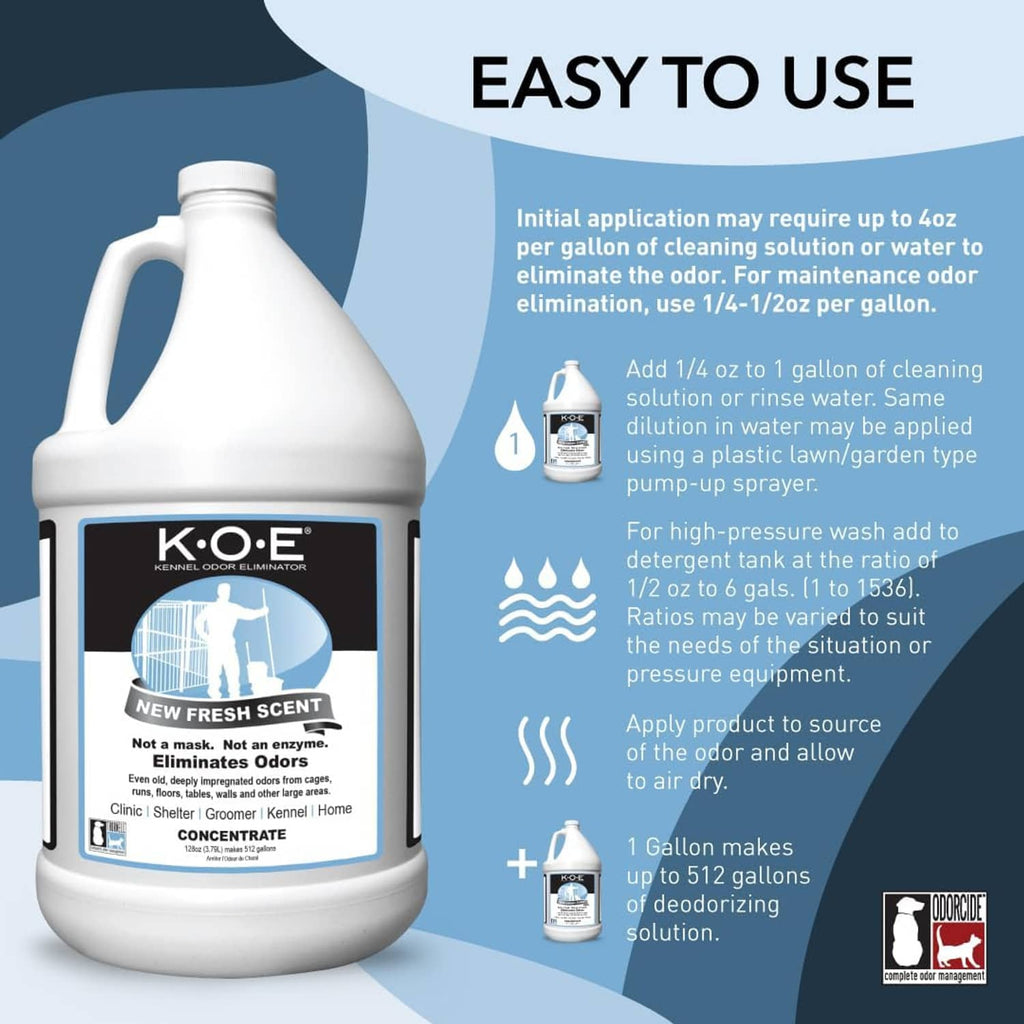 K.O.E odor eliminator concentrate bottle with blue label and side usage text panel