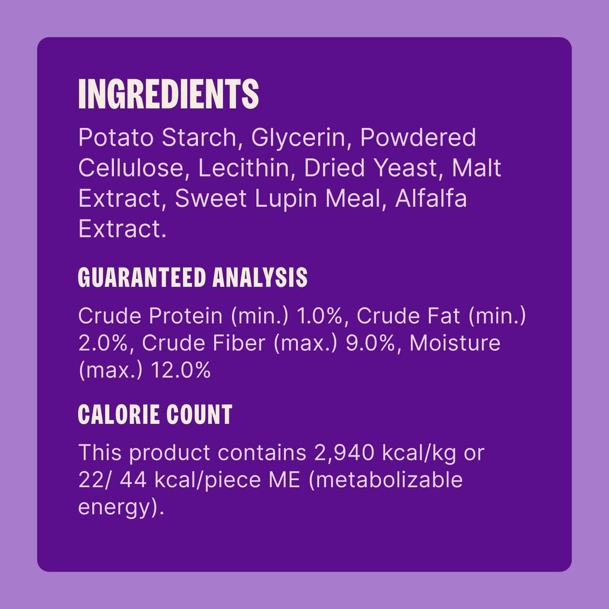 Whimzees brushzees ingredients and analysis label with calorie count text