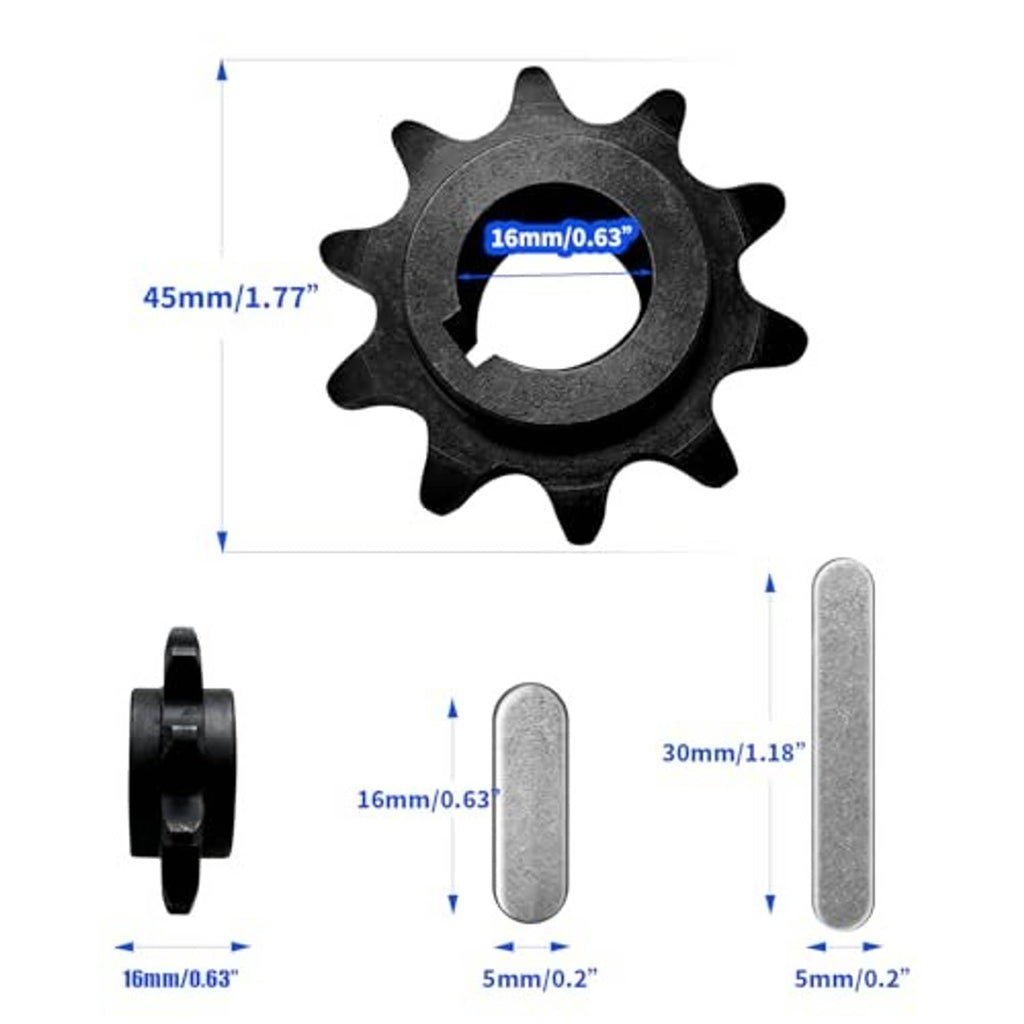 10-tooth sprocket with labeled dimensions: 16mm bore and key lengths, dark steel