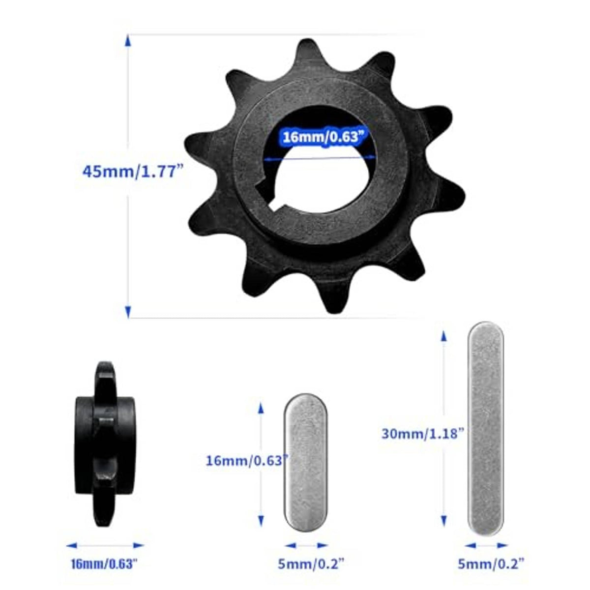 10-tooth sprocket with labeled dimensions: 16mm bore and key lengths, dark steel