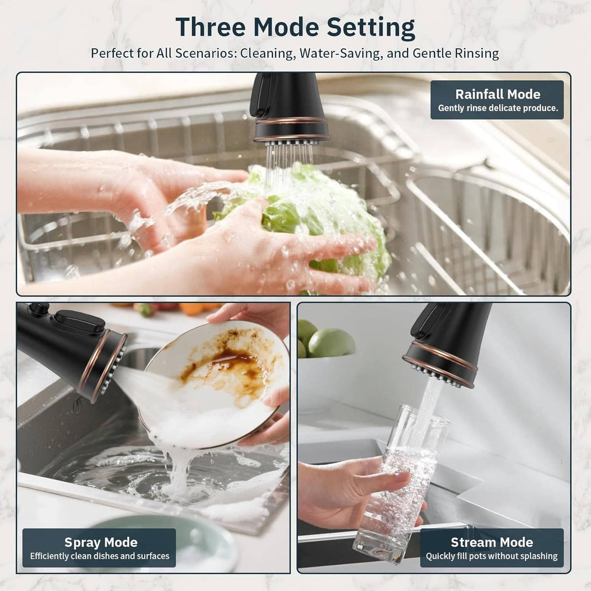 Pull-down kitchen faucet dispensing water from the spray head with bronze accent bands