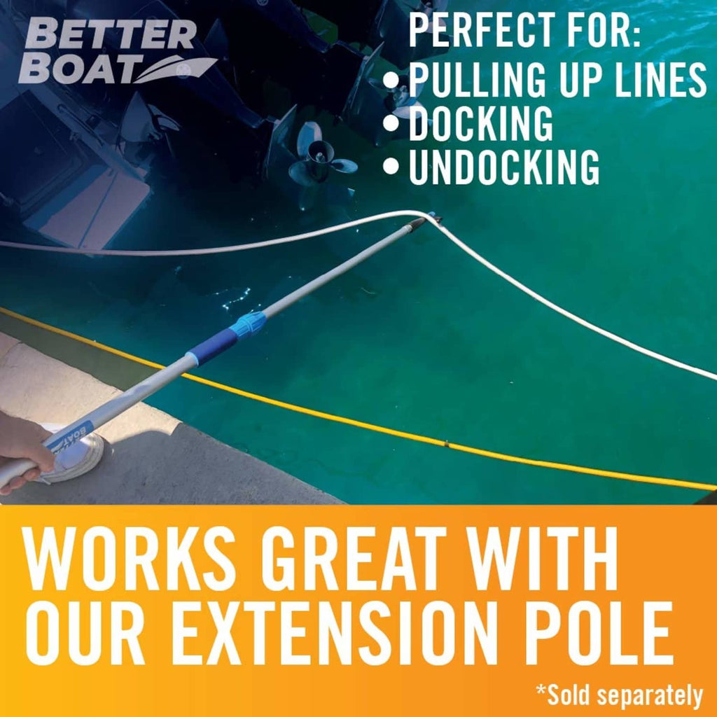 Blue rubber-bumper boat hook at end of a docking pole line