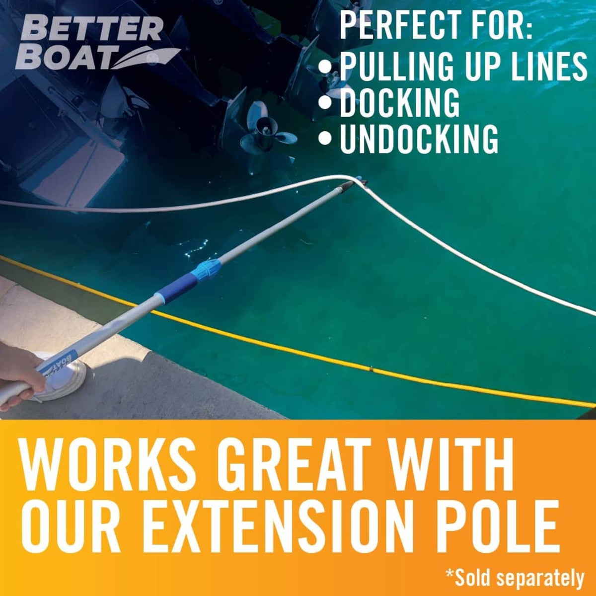 Blue rubber-bumper boat hook at end of a docking pole line