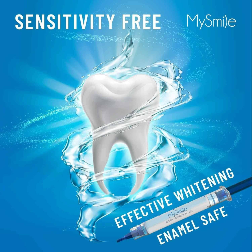 Teeth whitening gel and clear LED tray with visible gel splash