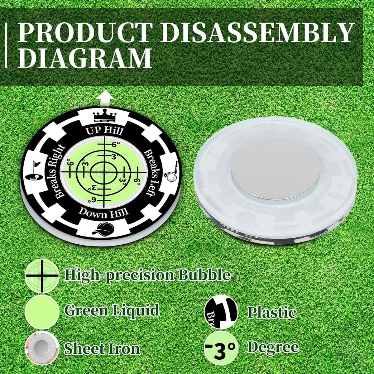Golf ball marker reader diagram disc with green bubble level and metal clip parts