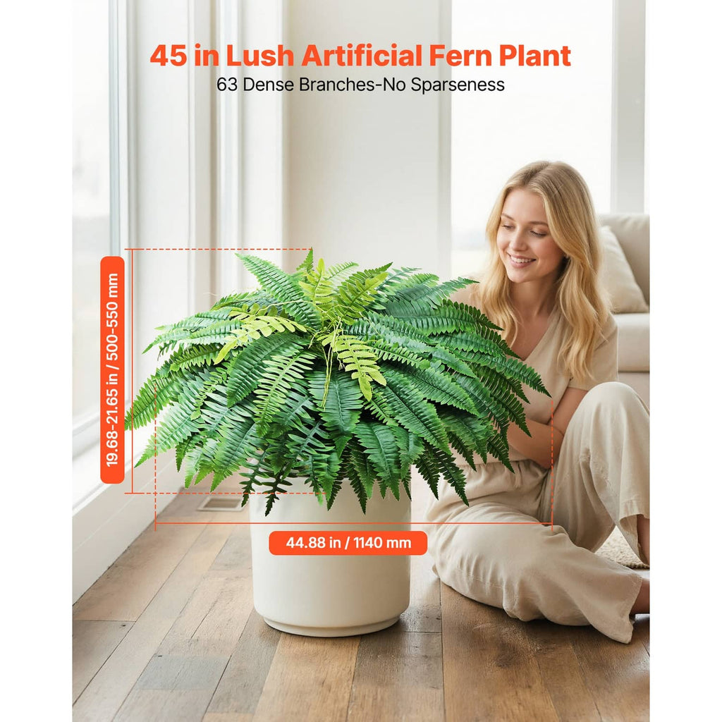 Artificial 45 in lush green fern plant in a round white planter, decorative