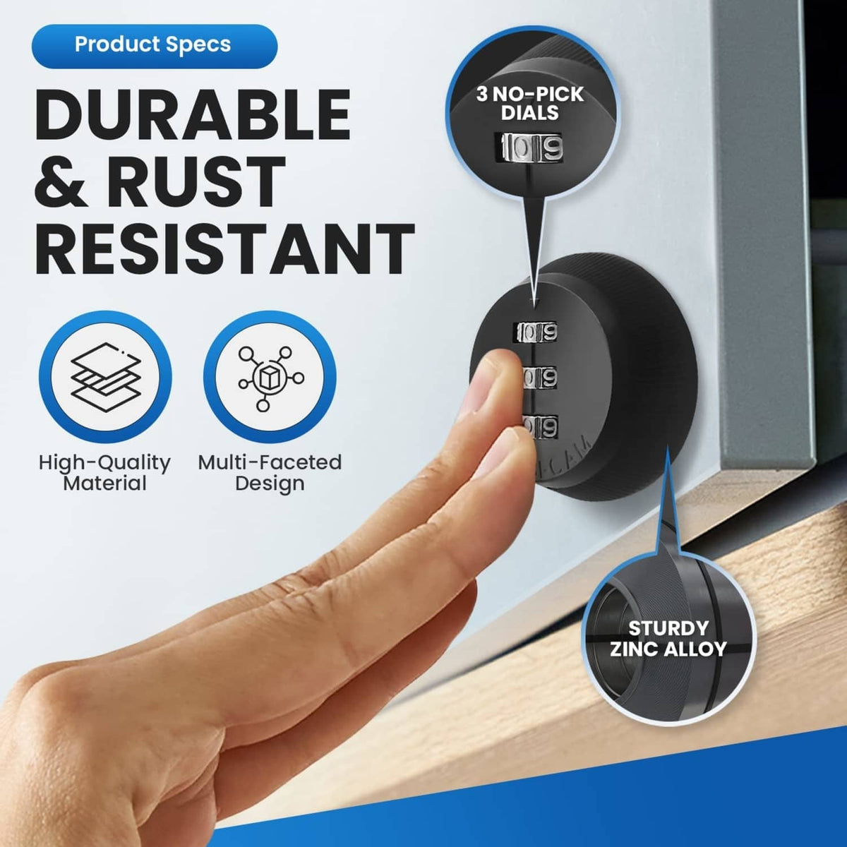 Black 3-dial cabinet cam lock with knurled bezel and finger-operated dial