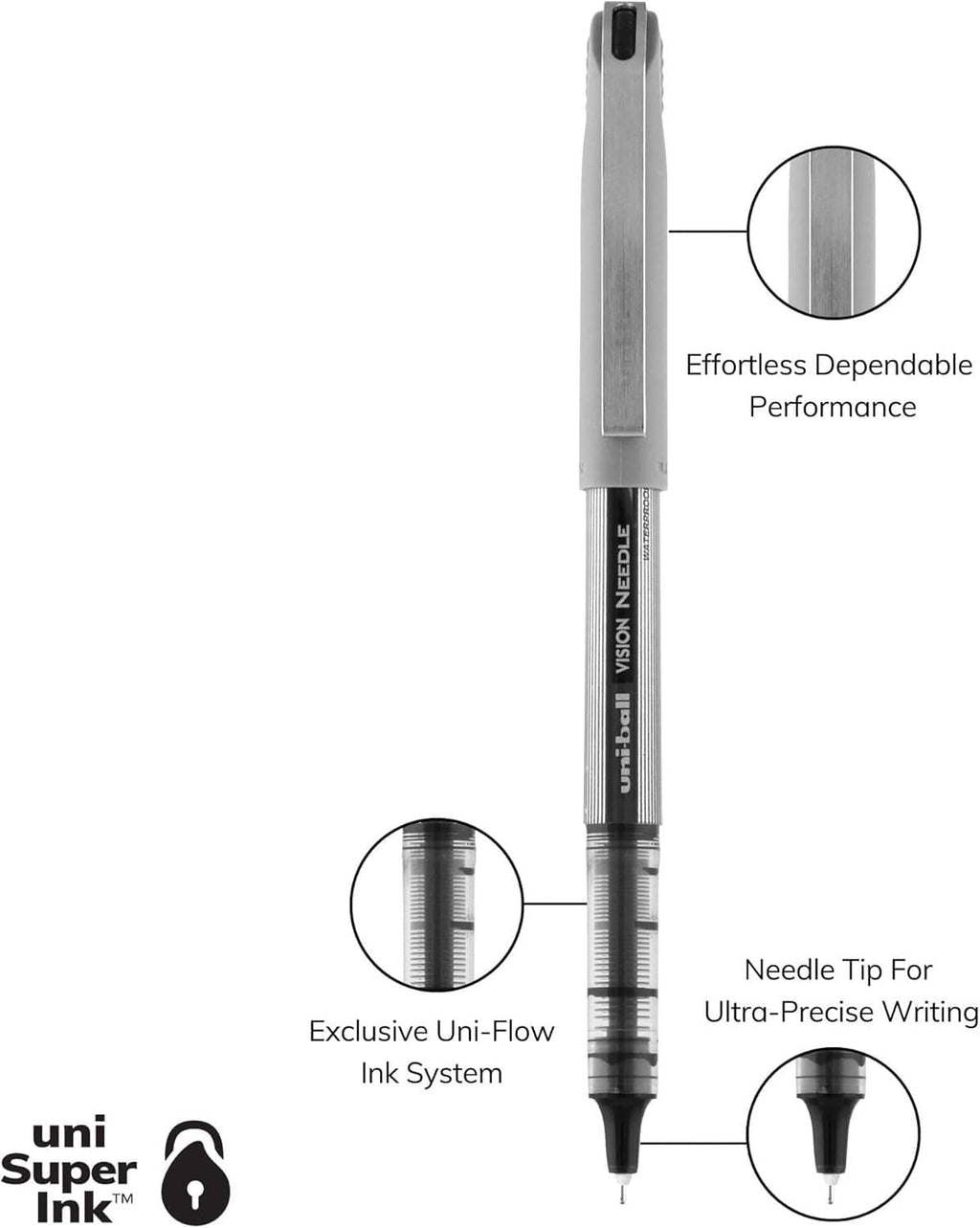 Fine-point blue ink needle rollerball pen with visible needle tip for ultra-precise writing