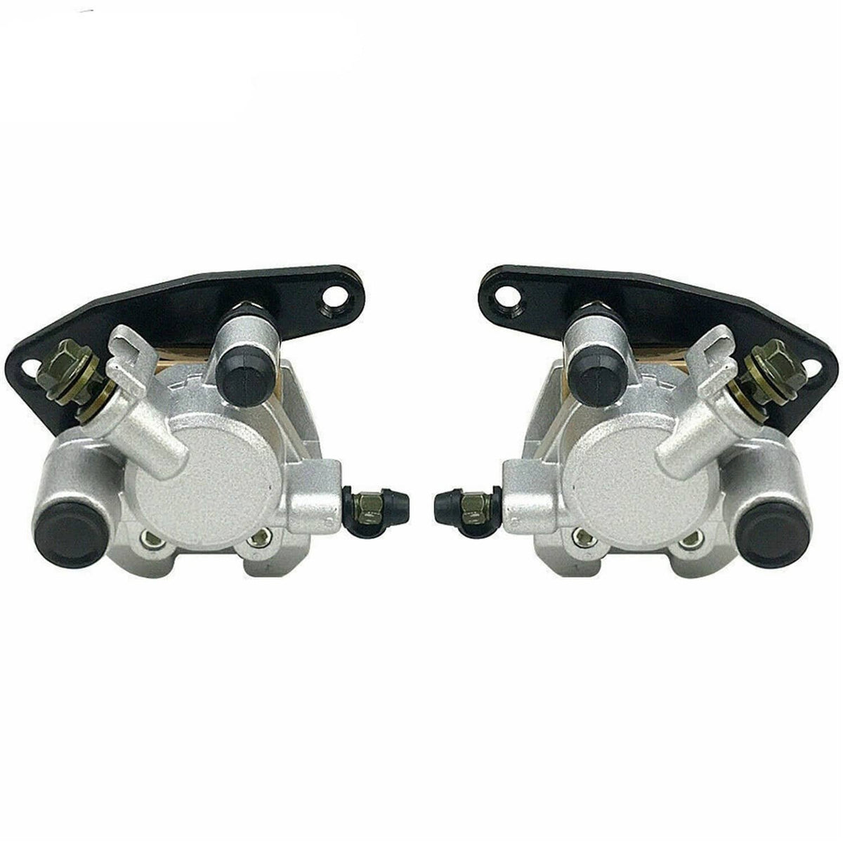 Front brake caliper set, silver calipers with black ends and mounting hardware