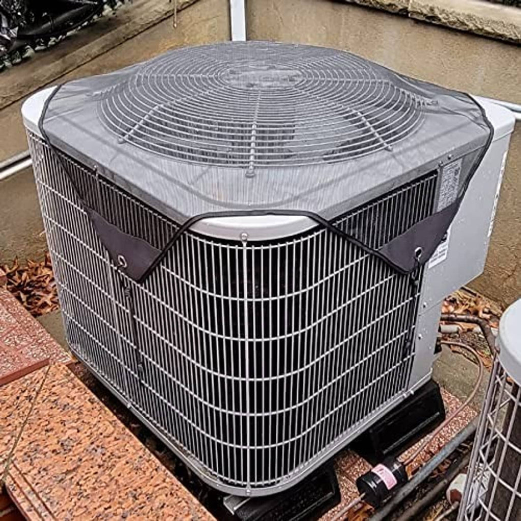 Central AC unit cover with gray top and black mesh sides, side tie loops and front fastening.
