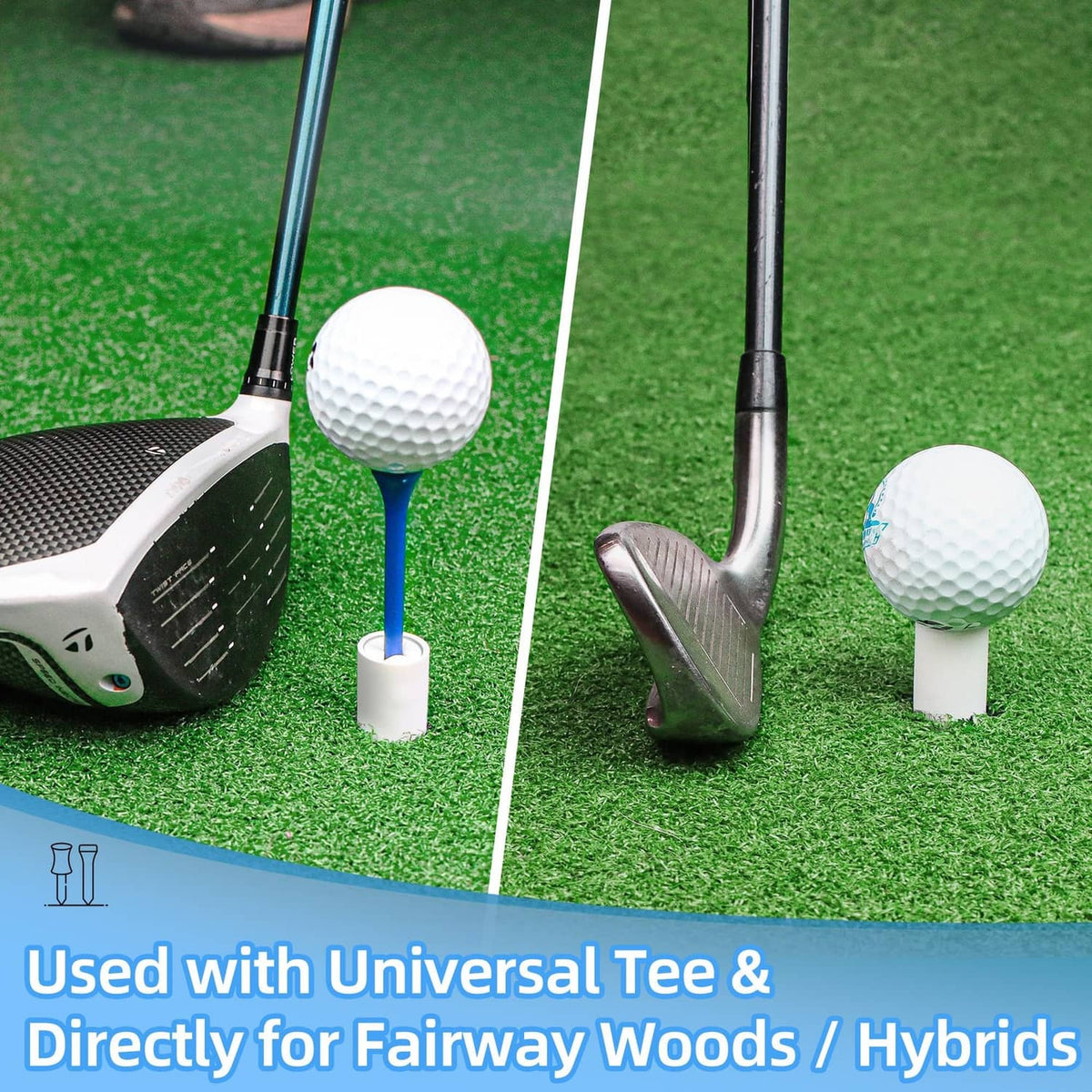 Rubber golf tees with white shafts and blue tops in front of club and balls