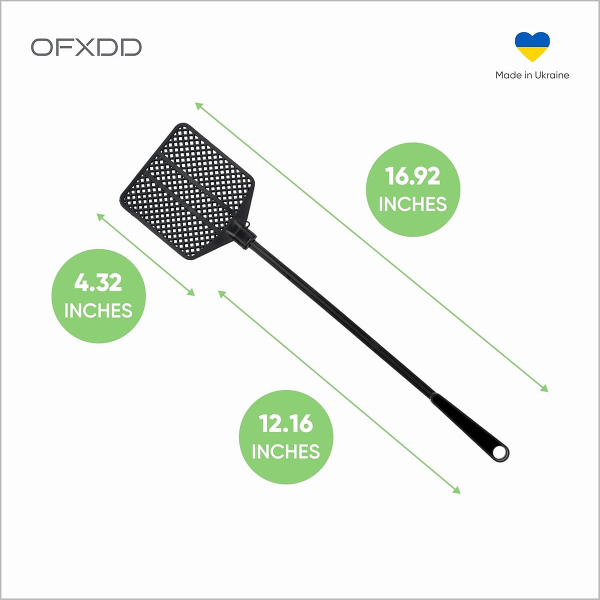 Black rubber fly swatter with perforated paddle head and long handle, 16.92 in