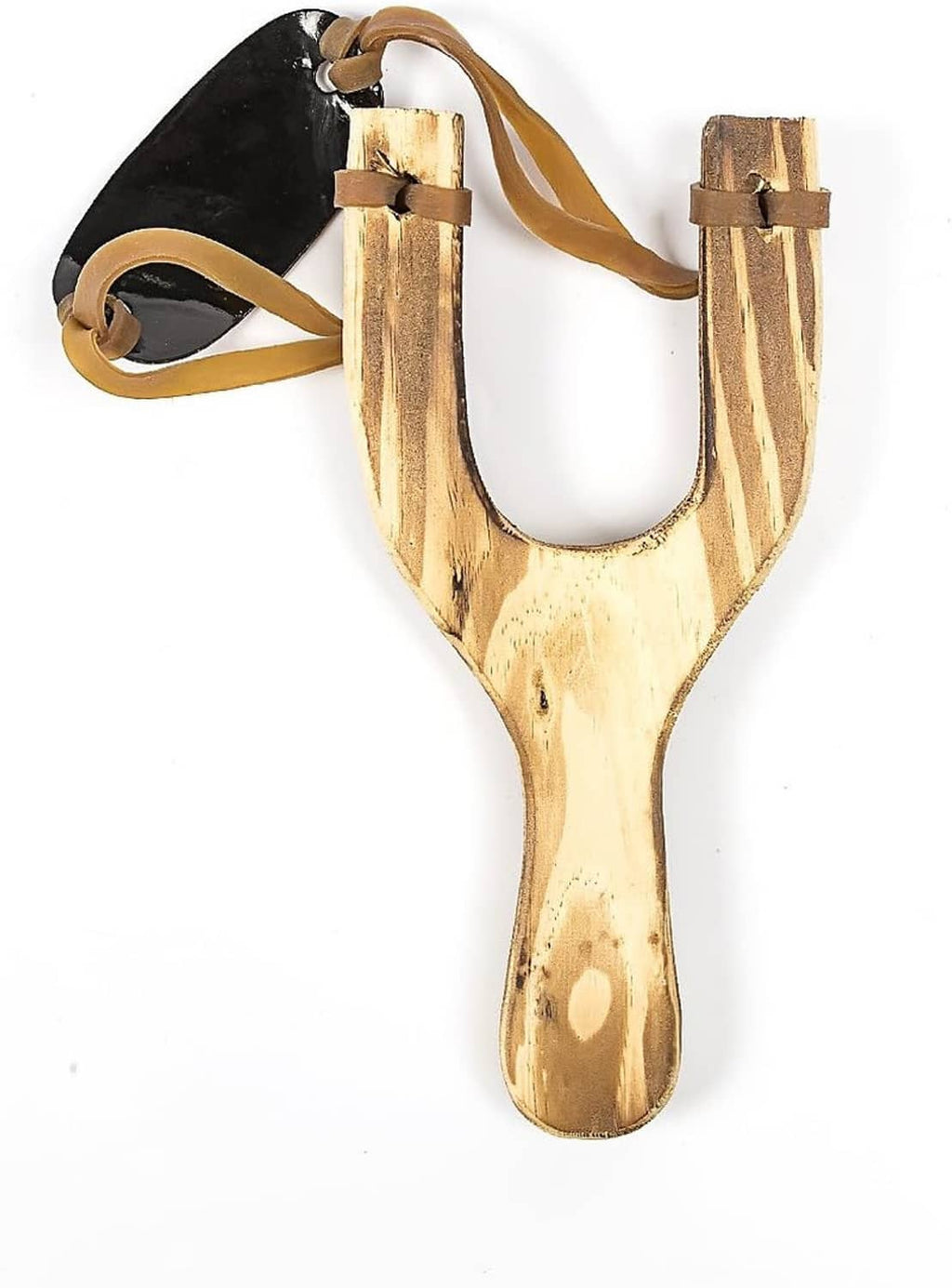 Single wooden slingshot with natural wood fork, tan strap loop, and black rubber band