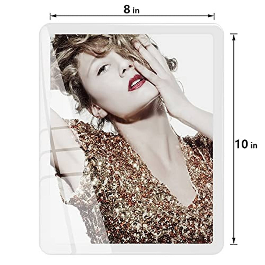 White 8x10 picture frame with clear front, size shown as 8 in by 10 in.
