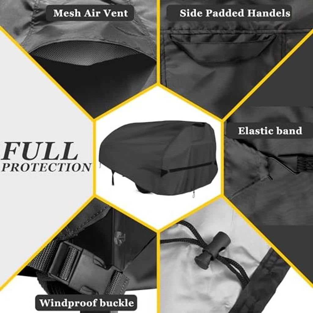 Black waterproof log splitter cover with mesh air vent and elastic band, windproof buckle