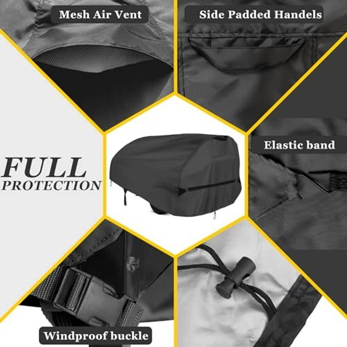Black waterproof log splitter cover with mesh air vent and elastic band, windproof buckle