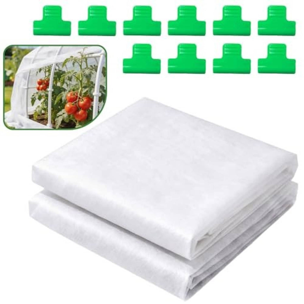 Folded white non-woven plant shade cloth set with green fastening clips shown.