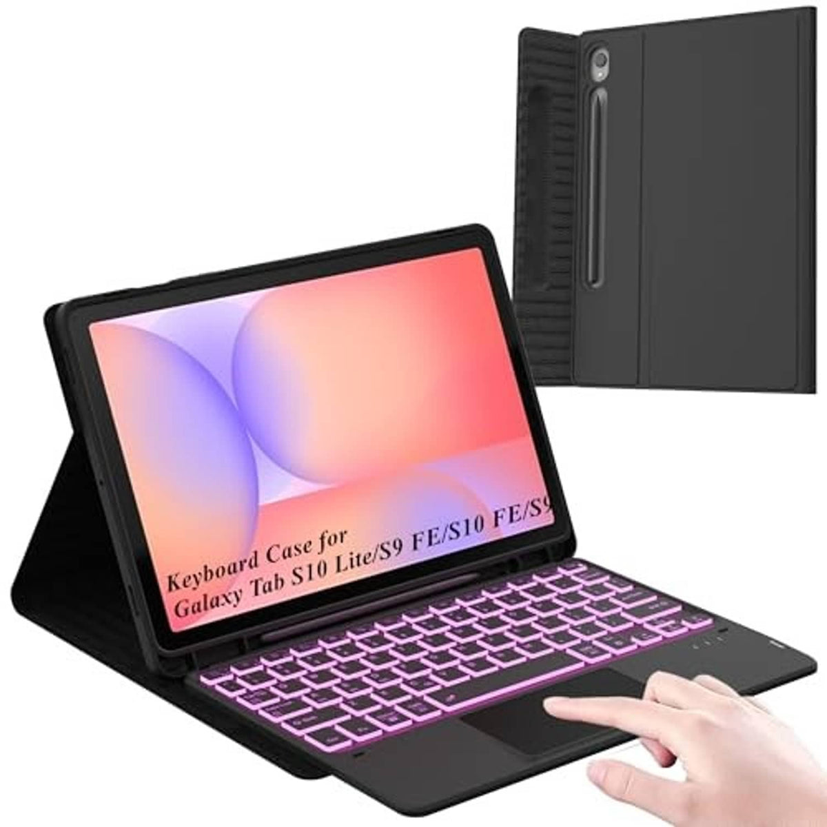 Black folio tablet keyboard case with 7-color backlit purple keys, angled tablet, hand.