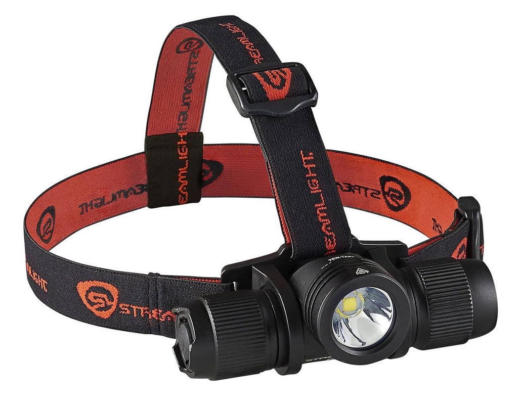 Streamlight black headlamp with orange-patterned strap and front lens