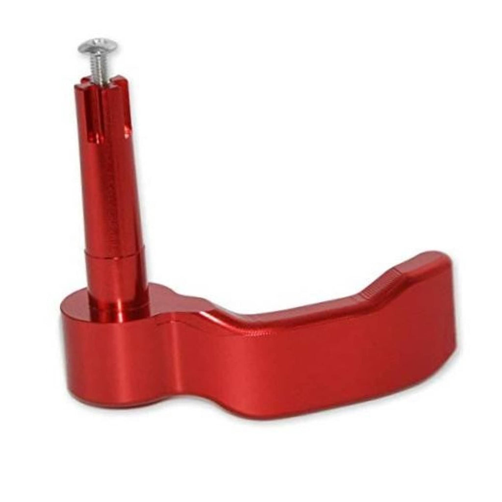 Red aluminum thumb throttle control lever with mounting screw, billet design.