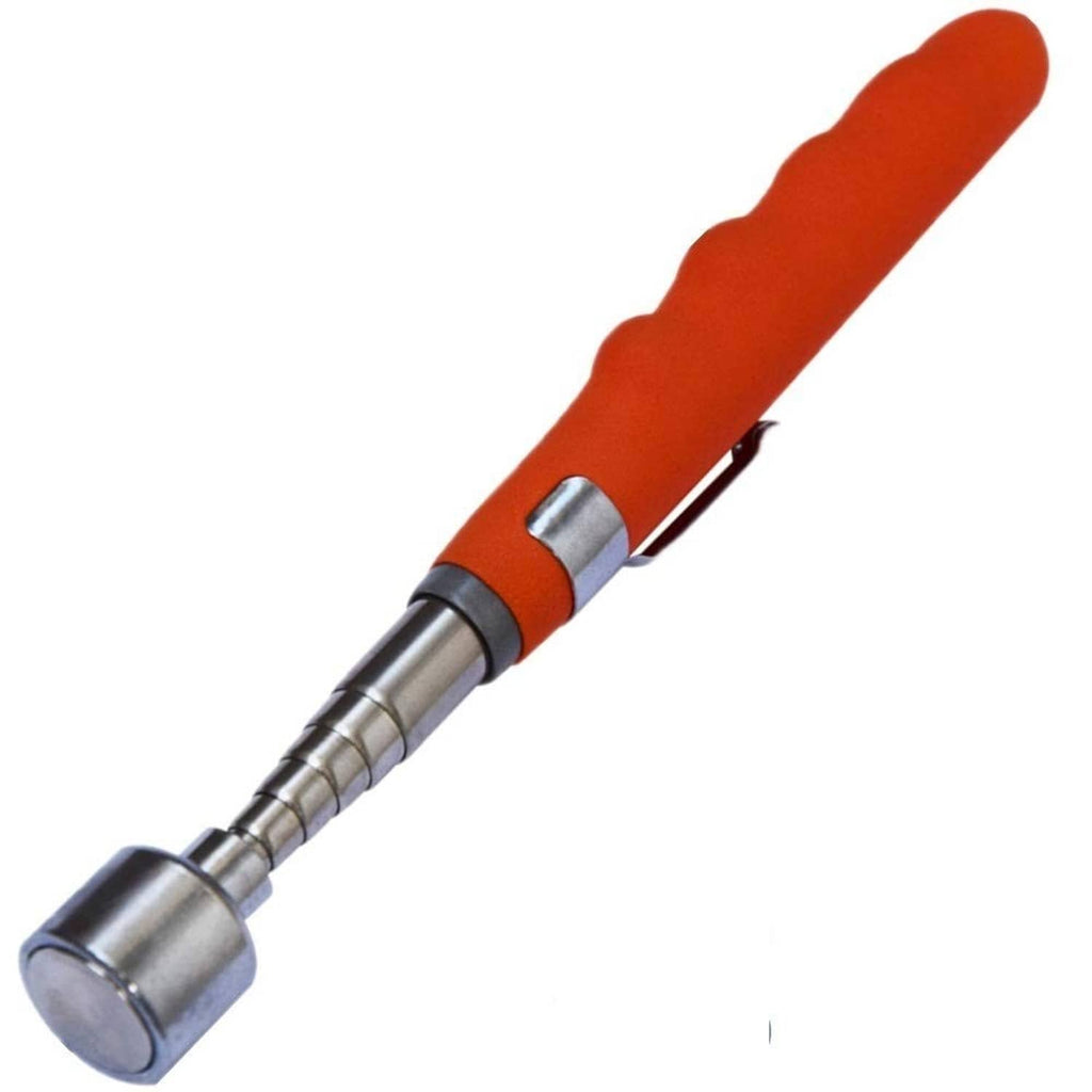 Orange telescoping magnetic pick-up tool close-up with chrome magnet head and shaft