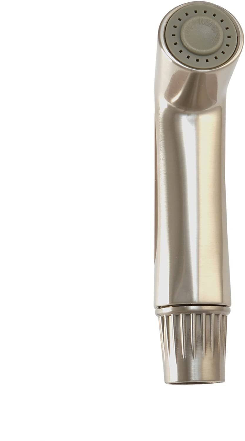 Brushed nickel handheld side spray head with perforated face and ridged grip