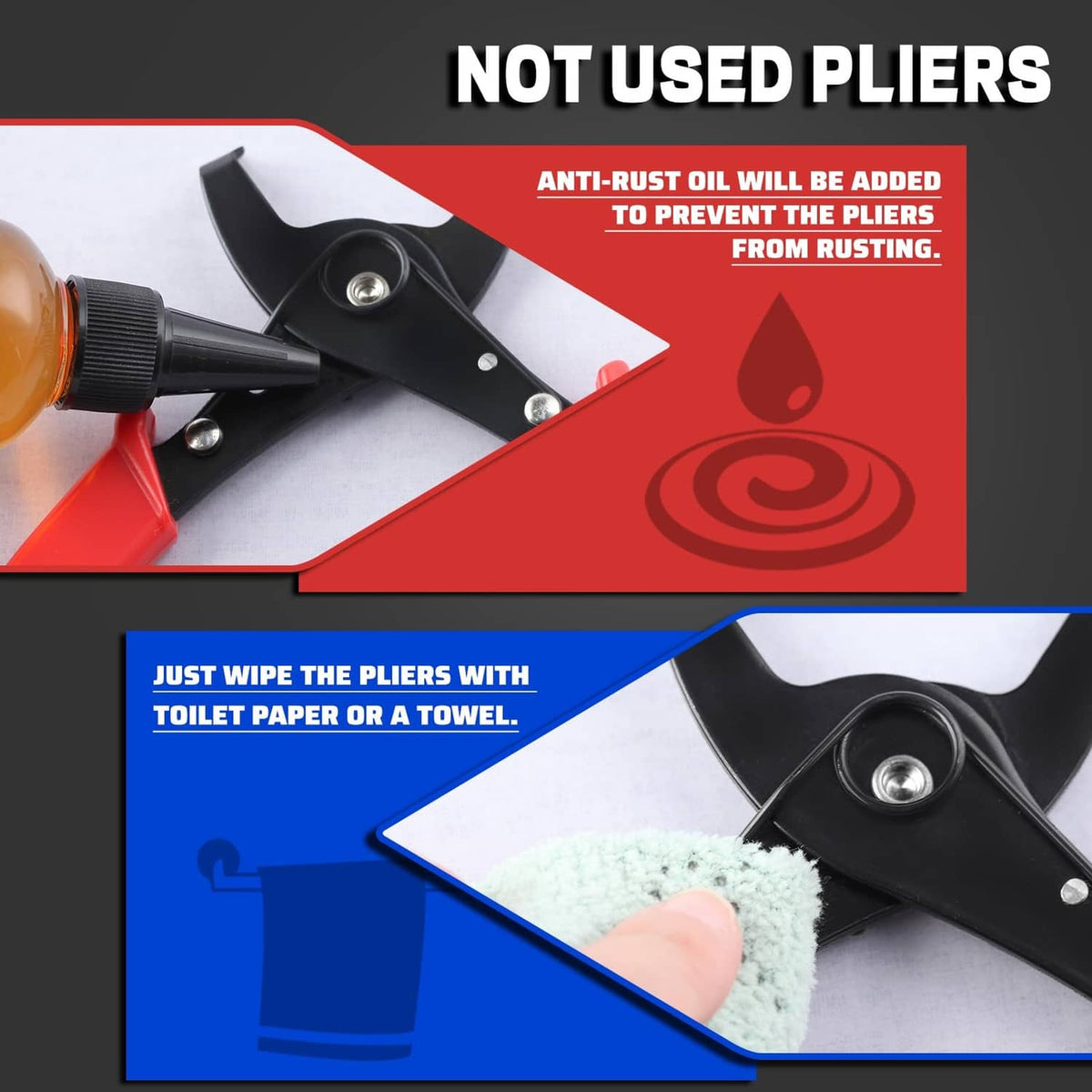 Strain relief bushing pliers resting on a paper wipe, black jaws and red handles