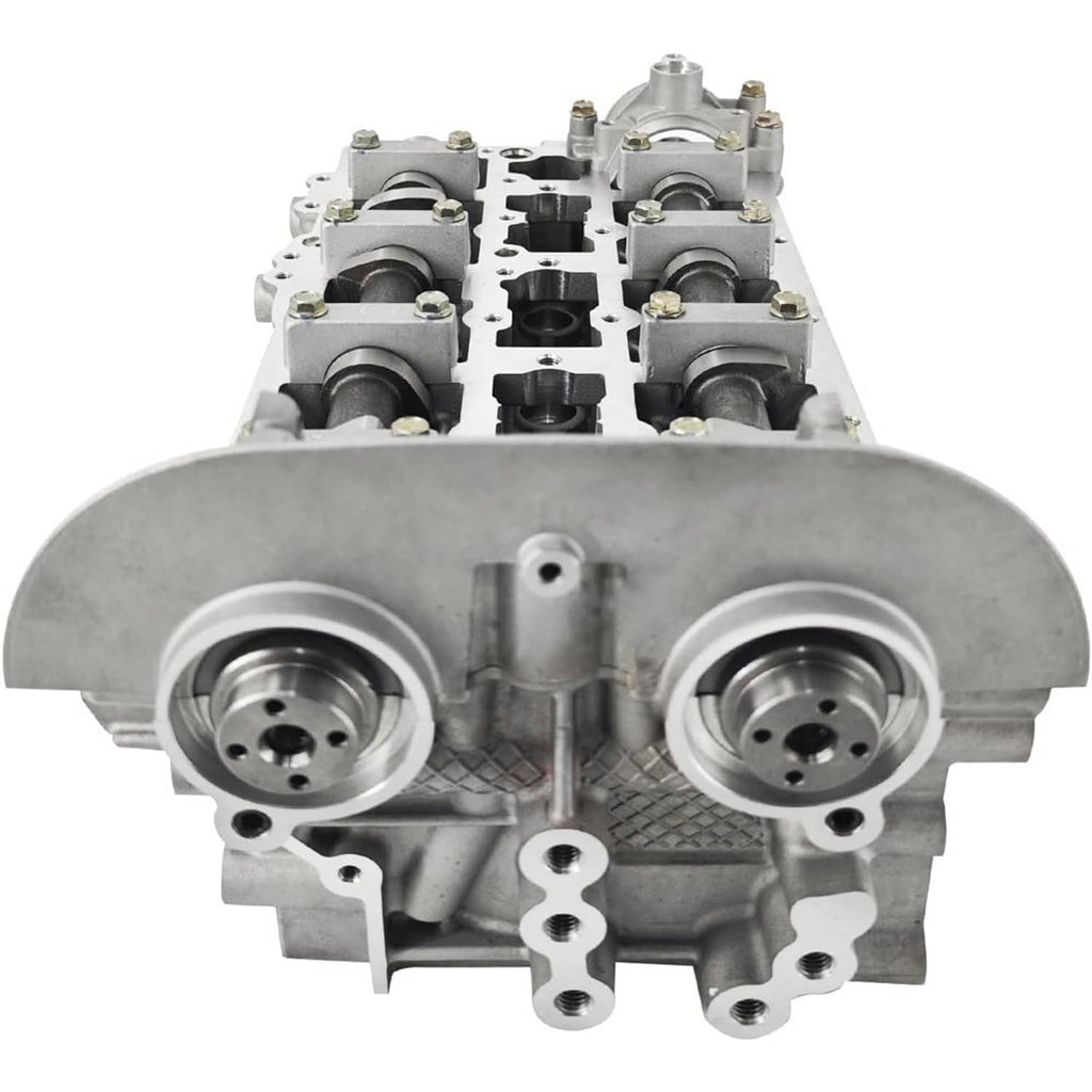 Cylinder head assembly front view with twin pulley openings and valve spring seats