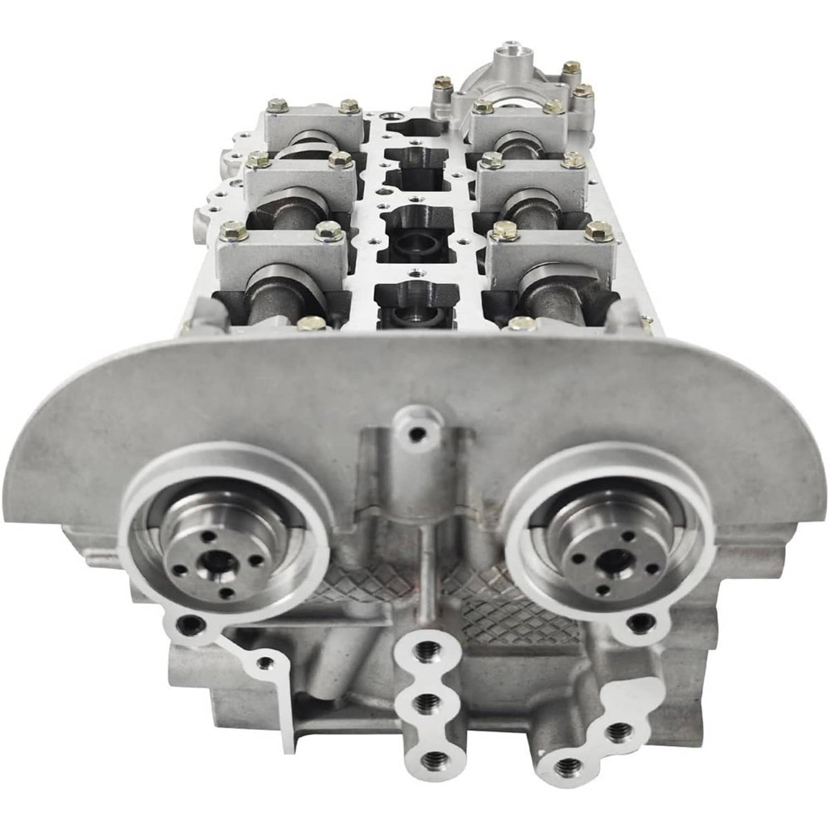 Cylinder head assembly front view with twin pulley openings and valve spring seats