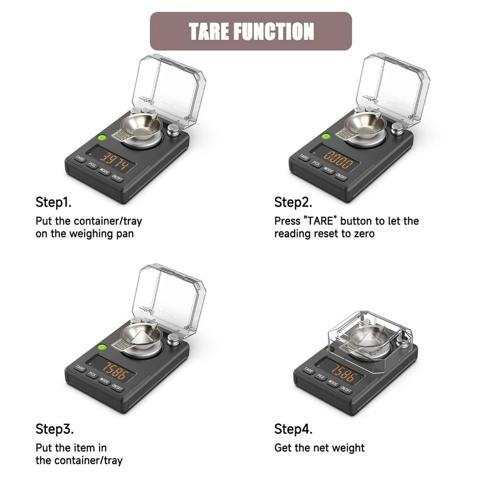 Black milligram scale with tare function, open lid, and container tray on platform
