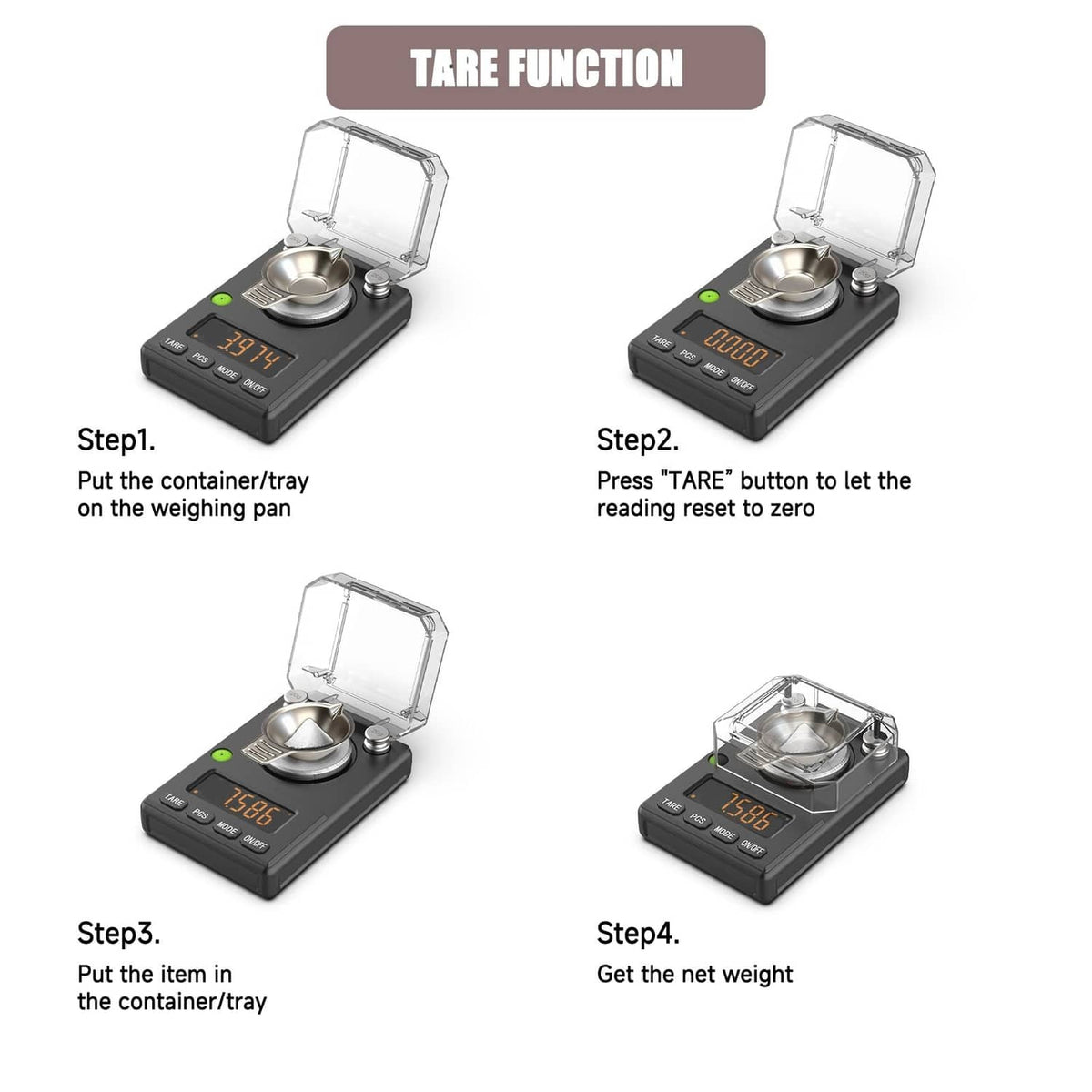 Black milligram scale with tare function, open lid, and container tray on platform