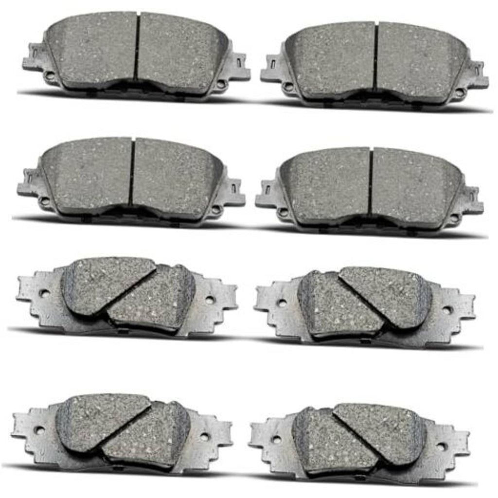 Ceramic disc brake pad set, multiple gray pads with metal backing plates, front and rear