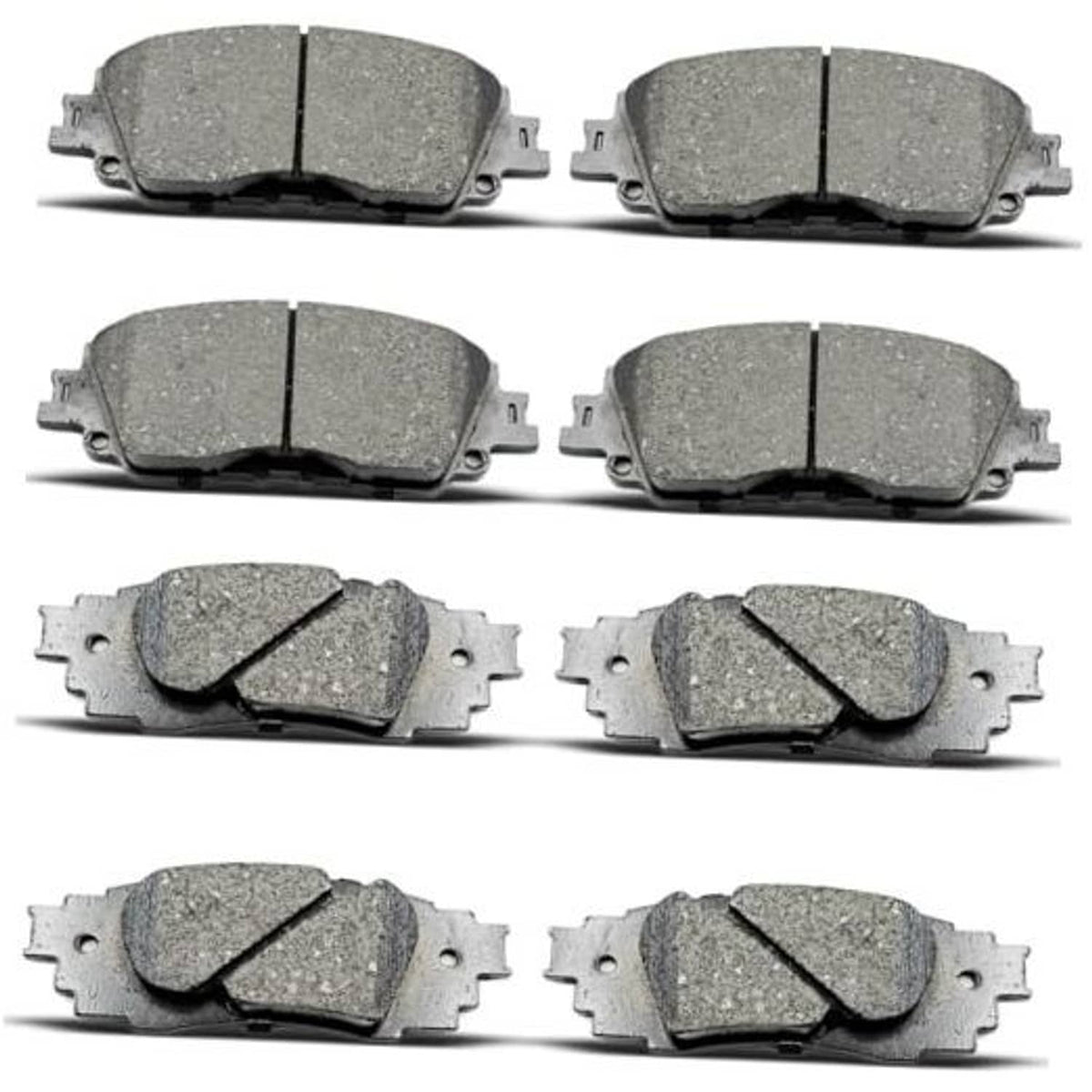 Ceramic disc brake pad set, multiple gray pads with metal backing plates, front and rear