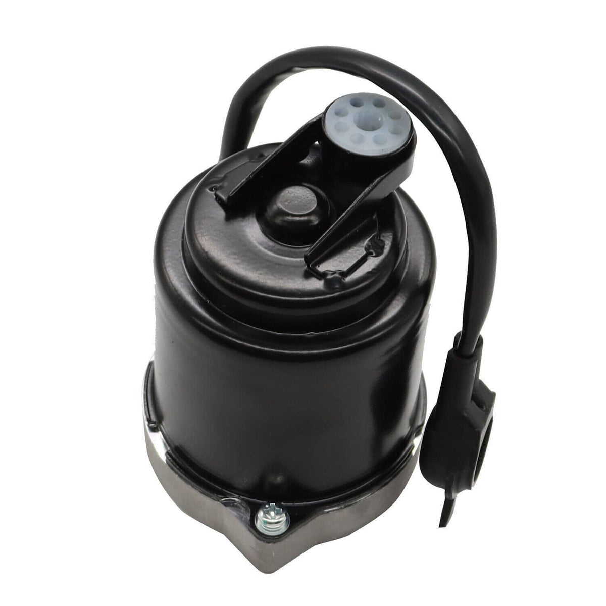 Brake pump motor with black housing, mounting bracket, and wiring connector