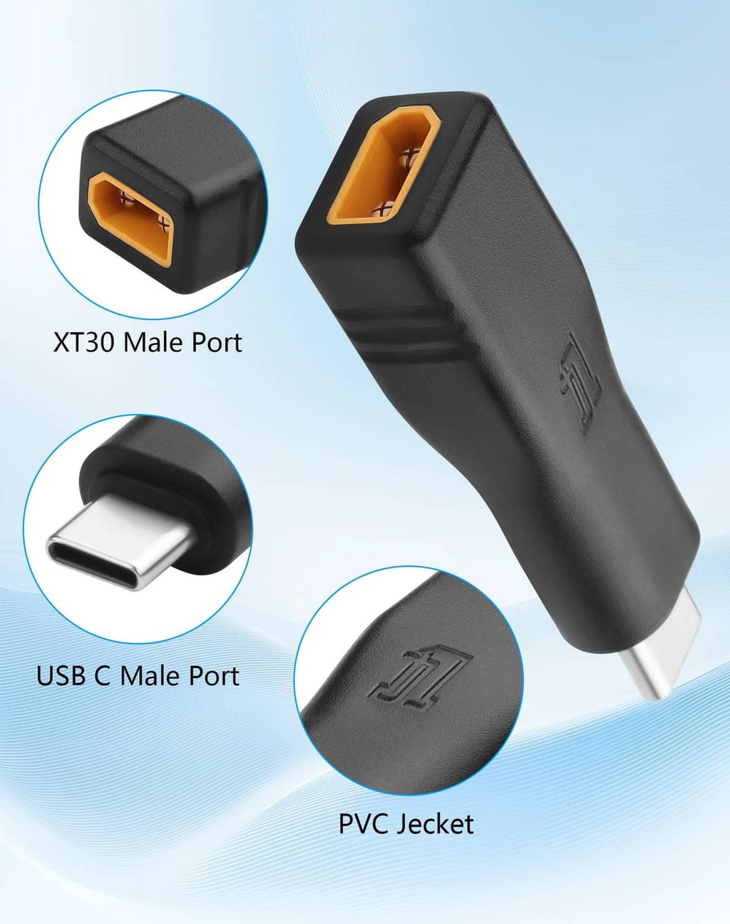 USB-C to XT30 adapter plug set: XT30 male port and USB-C male plug, black