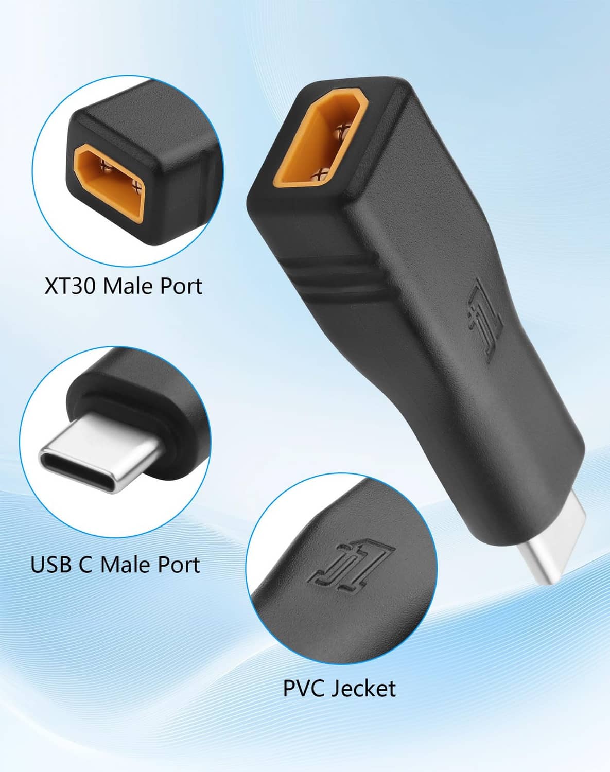 USB-C to XT30 adapter plug set: XT30 male port and USB-C male plug, black