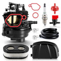 Carburetor assembly with red gasket ring, intake port, and attached hoses and spark plug